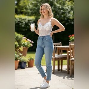 Winsor White Pearl Beaded Bodysuit Sheer Mesh Rhinestone Party Top‎